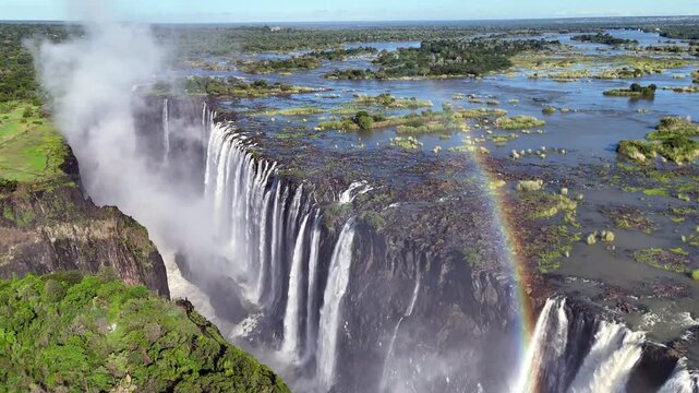Aerial view of Victoria Falls with powerful waterfall plunging into gorge, mist rising above lush green forest, dramatic natural wonder and iconic travel destination in Africa