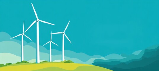 White wind turbines on a green hillside under a blue sky. Suitable for renewable energy ads, eco - friendly campaigns, or sustainable development visuals.