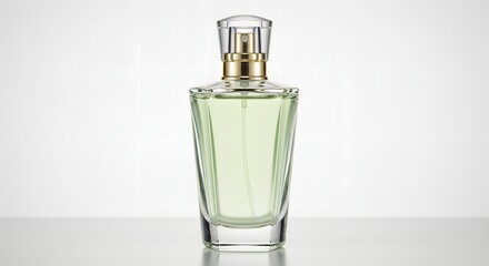 Elegant perfume bottle with a transparent glass design against a white background.