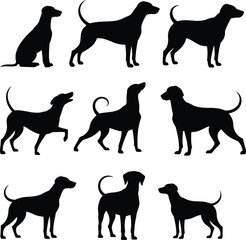 Dog silhouette vector illustration set, standing, sitting, and walking pet poses, black animal graphic artwork, domestic dog symbol for logo, decoration, and branding design