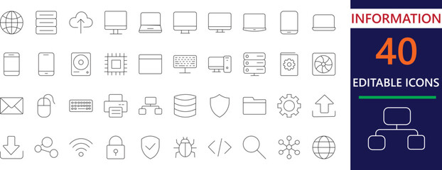 Minimal black line icons representing computer, cloud, data, and IT security concepts. Perfect for web, app, software, and digital design projects.