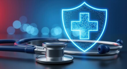 Digital health shield with stethoscope symbolizing medical technology and security