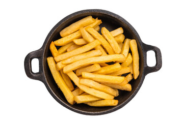 Crispy golden french fries in a skillet isolated on white background