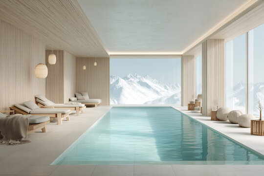 Luxurious indoor pool with wooden lounge chairs and panoramic snowy mountain views in a modern minimalist spa setting