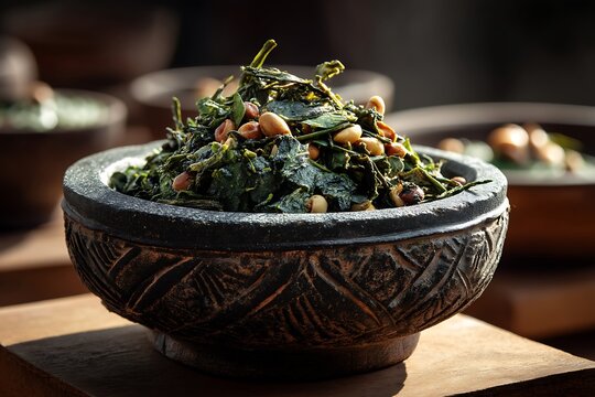 A close-up of Mozambican matapa, made with cassava leaves, peanuts, and coconut milk, served in a traditional bowl, basking in the glow of natural daylight, evoking the essence of African cuisine