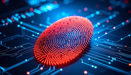 Red fingerprint on a circuit board, representing digital security