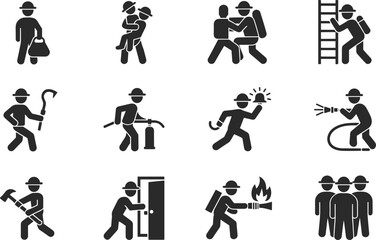 Firefighter silhouette icon set, emergency rescue worker vector illustration, fire safety equipment, hose, ladder, extinguisher, emergency response, teamwork, protection, safety, emergency icons
