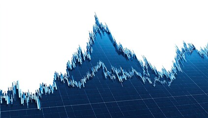A detailed, 3D stock market graph chart, showing sharp rises and falls, on a dark blue background with a grid