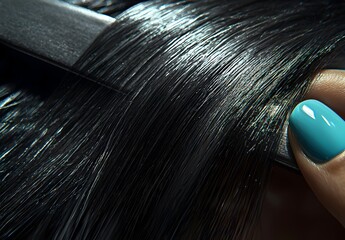 Obraz premium Photo of a professional hair straightening process, highlighting smooth, glossy hair with a flat iron