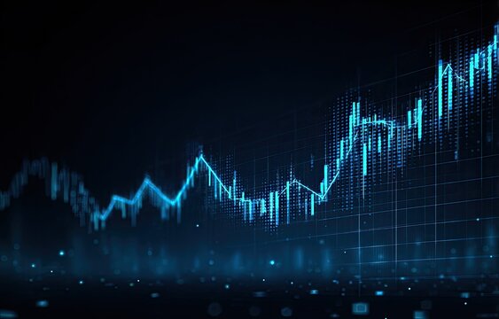 Dark background with glowing, light blue stock market chart