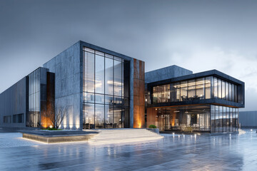 Fototapeta premium Modern industrial building showcases sleek design and stylish lighting at dusk in an urban setting