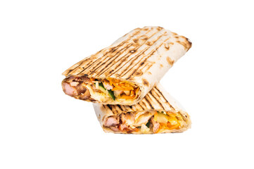 Traditional oriental shawarma, doner kebab with meat and salad isolated on white background