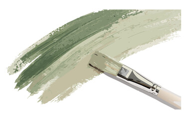 Flat paintbrush with wooden handle painting textured green stroke on white background for acrylic or oil paint smear design elements, templates, or decorative graphics..
