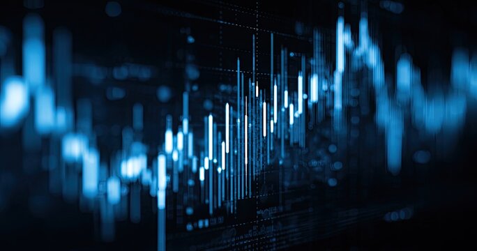 Dark screen displaying complex financial data charts, showing rising and falling trends