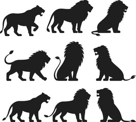 Lion and lioness silhouette vector set with walking, sitting, roaring poses, wild animal illustration collection for logo, tattoo, design, and decoration