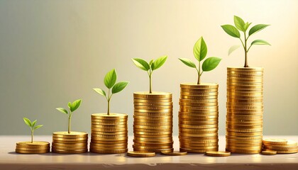 Golden Coin Stacks with Plants Sprouting, Eco Investment Growth Chart