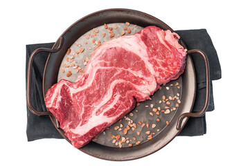 Uncooked Raw Chuck eye roll steak, prime beef meat in kitchen tray isolated on white background