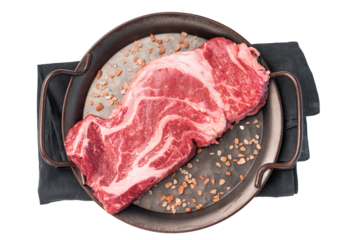 Uncooked Raw Chuck eye roll steak, prime beef meat in kitchen tray isolated on white background