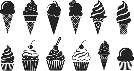 Set of ice cream cone and cupcake silhouette vector illustrations, sweet dessert icons for bakery, cafe, menu design, food decoration, and branding.