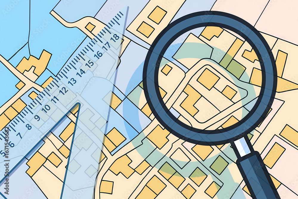 Poster imaginary cadastral map with buildings, land parcel and vacant plot - land records and property regi