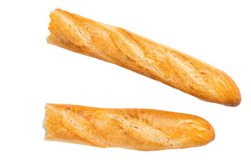 French bread baguette isolated on white background. top view