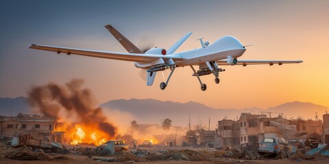 robot technology vehicle UAV concept. Drone flying over a devastated urban landscape at sunset.