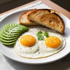 A delicious and wholesome breakfast plate with two sunny-side-up fried eggs, fresh sliced avocado, and golden toast