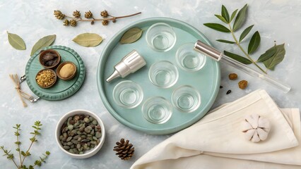 Flatlay cupping therapy set with glass cups, massage tools and natural wellness accessories