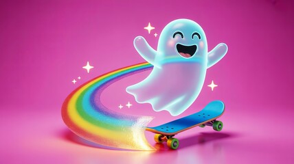 Glowing cartoon ghost character skateboarding with bright rainbow trail and sparkles, cheerful 3D spirit figure floating on blue skateboard against pink background