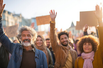 Diverse group of people raising hands in unity during a peaceful outdoor protest or demonstration at sunset
