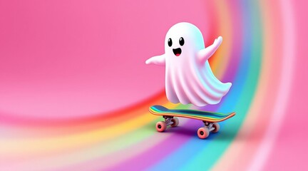 Happy ghost character skateboarding on a colorful rainbow ramp with joyful expression, white glowing cartoon figure floating above skateboard on pink background