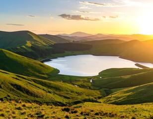 Serene sunset over a tranquil mountain lake nestled in verdant hills