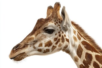 Close-up profile of a giraffe's head and neck against white (1)