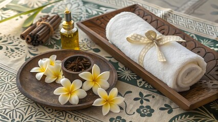 Spa and wellness set with aromatherapy oils, towels, candles and frangipani flowers for relaxation