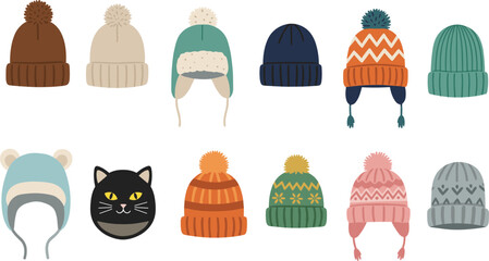 Winter hats vector collection, colorful knitted beanies, warm wool caps, cartoon illustration of cozy headwear, pom pom hats, seasonal fashion accessories design