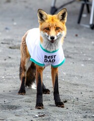 Red fox wearing a white shirt with "Best Dad" on a beach