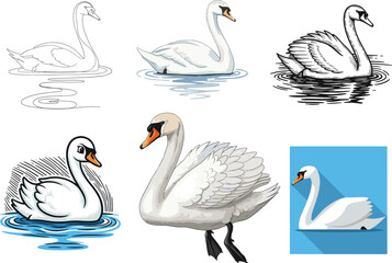 Set of six swan illustrations in various artistic styles, floating on water, vector drawing, cartoon, realistic, minimalist, line art, decorative design