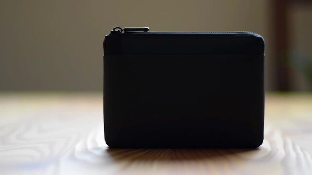 Dark boxy pouch sits on wood