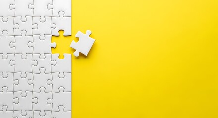 Jigsaw Puzzle with One Piece Missing on a Bright Yellow Background