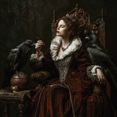 Regal woman in dark red gown, seated on ornate chair, with two ravens