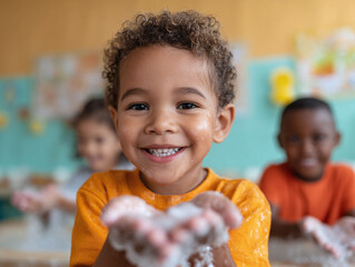 Joyful child washing hands, looking at the camera. Hygiene education concept, promoting health and safety. Use for parenting, wellness, or school related content.