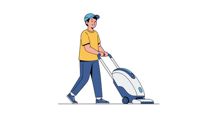 Professional cleaner using vacuum cleaner, promoting hygiene and cleanliness in commercial spaces