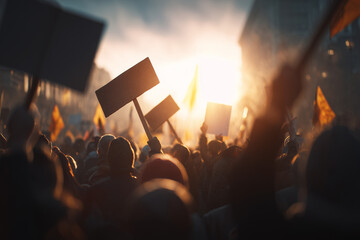 Crowd of protesters holding blank signs and banners during a demonstration at sunset in the city