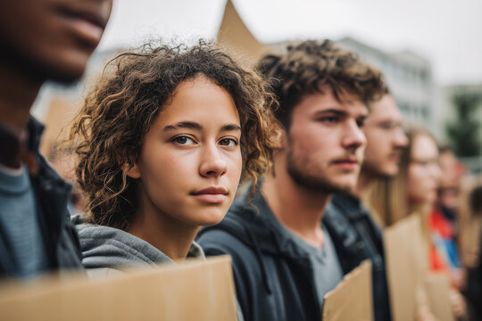 Diverse group of young activists standing united outdoors holding signs in a peaceful protest for social change