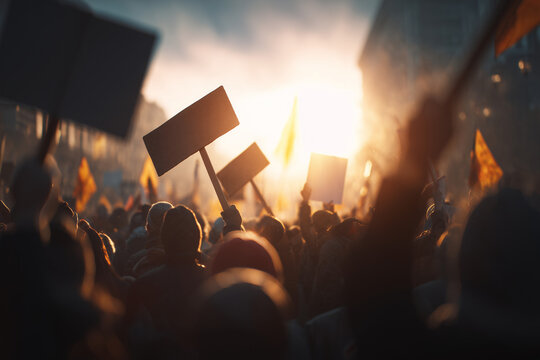 Crowd of protesters holding blank signs and banners during a demonstration at sunset in the city