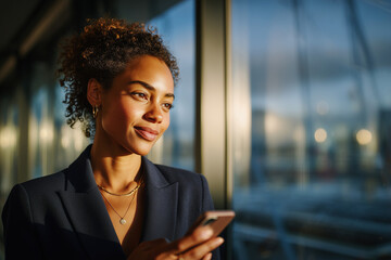 Confident young businesswoman smiling and holding smartphone by window with soft natural light