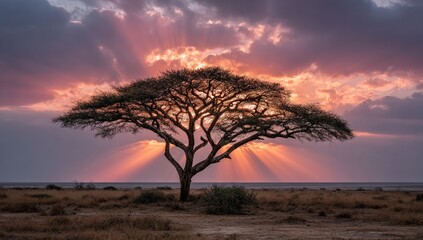 Sunset, acacia tree, dramatic sky, golden light