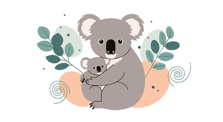 Adorable koala mother and baby cuddling together with abstract botanical elements
