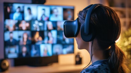 Person wearing virtual reality headset during a video conference.
