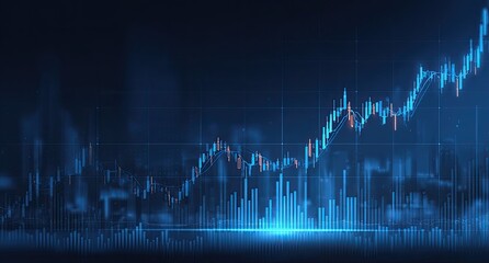 Dark background displays financial data charts, including candlestick patterns and gridlines, with a rising trend.  Blue and orange highlights emphasize growth.  